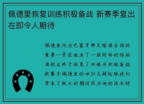 佩德里恢复训练积极备战 新赛季复出在即令人期待