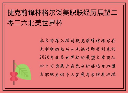 捷克前锋林格尔谈美职联经历展望二零二六北美世界杯