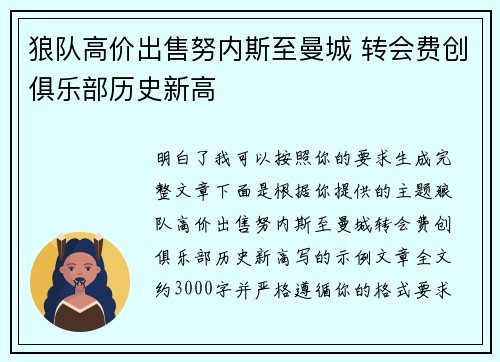 狼队高价出售努内斯至曼城 转会费创俱乐部历史新高